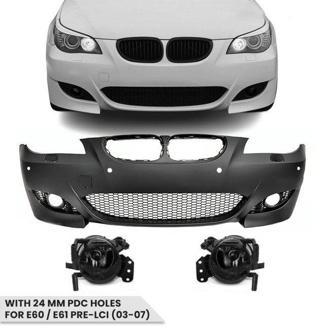 M5 look Front Bumper for BMW E60 / E61 PRE-LCI (03-07) with 24 mm PDC holes, with clear fog lights